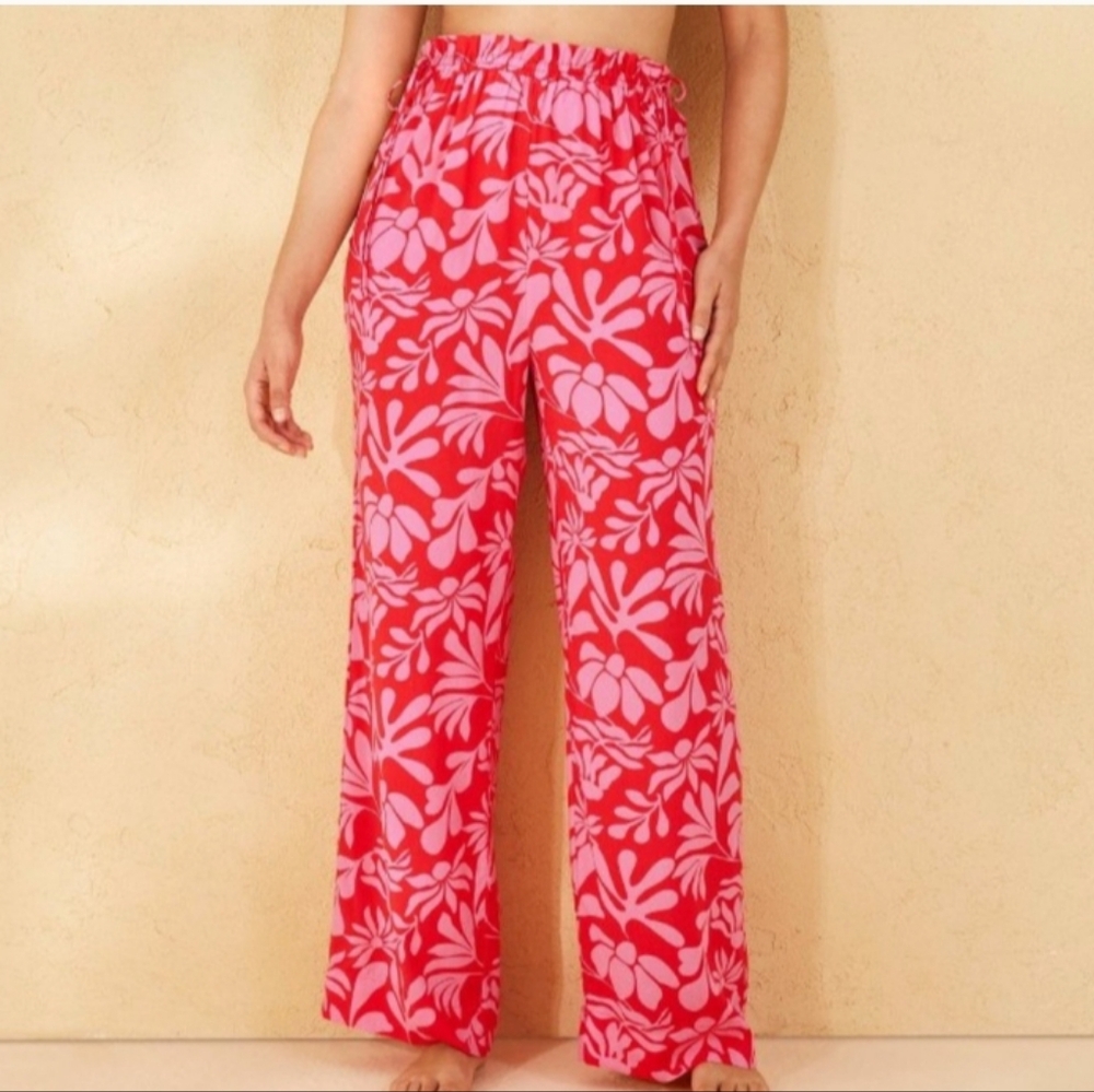 Shade & Shore Red and Pink Floral Wide Leg Pants